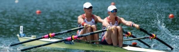 Ellen Tomek and Meghan O'Leary on a rowing scull
