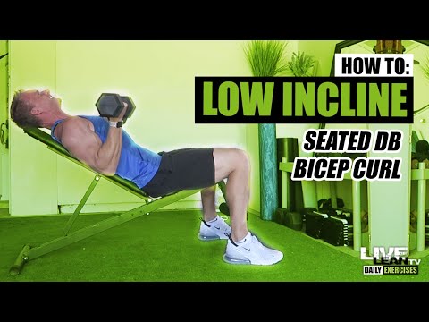 How To Do A LOW INCLINE SEATED DUMBBELL BICEP CURL | Exercise Demonstration Video and Guide