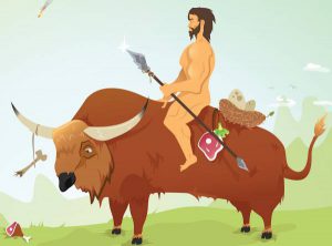 a paleolithic man on a buffalo hunting and gathering