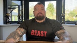 Eddie Hall speaks to his supporters after boxing fight.