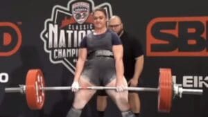 Powerlifter Amanda Lawrence locking out a record-breaking deadlift