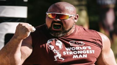 Strongman Brian Shaw pumping his fist -- WSM Header April 2022