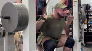 Hunter Labrada shows off his endurance and powers through a 17-rep, 495-pound banded squat in April of 2022