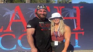 Strongman Isaac Maze and strongwoman Melissa Peacock after winning the 2022 Strengthlete Collective Clash in April 2022