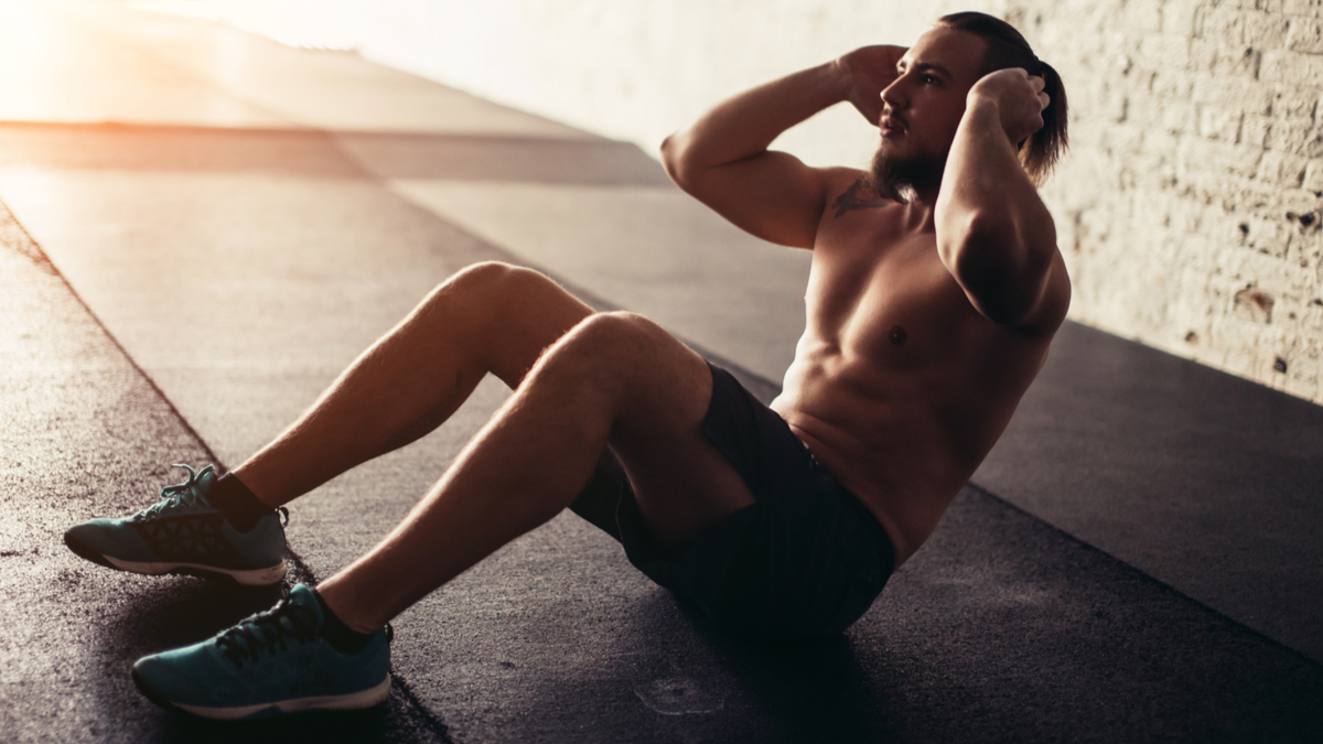 Man doing sit ups exercise. Abdominals exercise flat vector