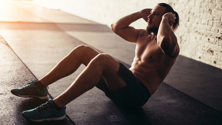 Man doing sit ups exercise. Abdominals exercise flat vector