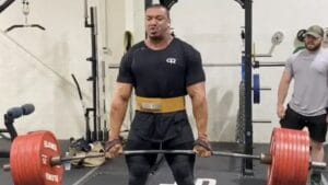 Larry Wheels locking out a 936-pound deadlift during a May training session