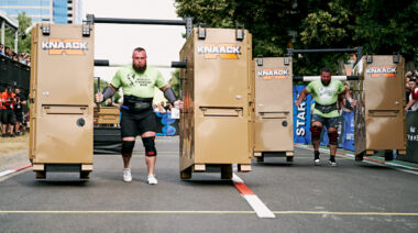 World's strongest man competitors carrying weights