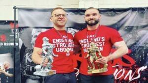 Tim Daglish and Josh Lancaster celebrate the 2022 England's Strongest Man U80KG
