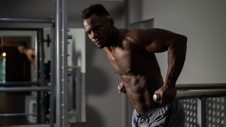 muscular person in gym on dip bars