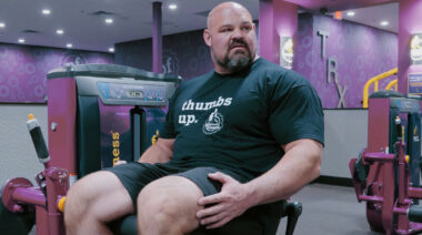 Strongman Brian Shaw on a leg extension machine.
