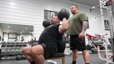 Strongmen Eddie Hall Brian Shaw shoulder workout in gym