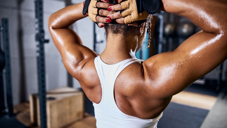 Close up view of the back and shoulder muscles.