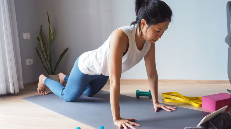 person in home gym doing push-up on knees