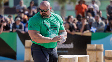 Strongman Brian Shaw prepares to lift weights outdoors