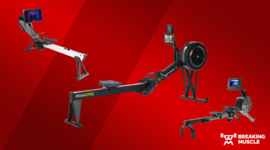 Three rowing machines on a red background