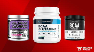 Three images of BCAA containers on a red background