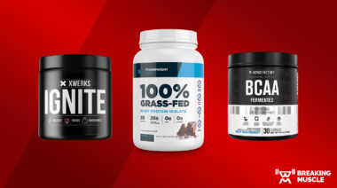 Pictures of XWERKS Ignite, Transparent Labs Whey Protein Isolate, and Jacked Factory BCAA Powder on a red background