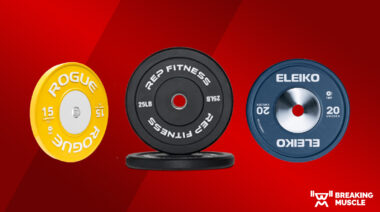 Rogue Fitness, REP Fitness, and Eleiko bumper plates on a red background