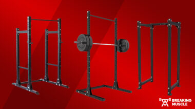 Three different squat racks on a red background