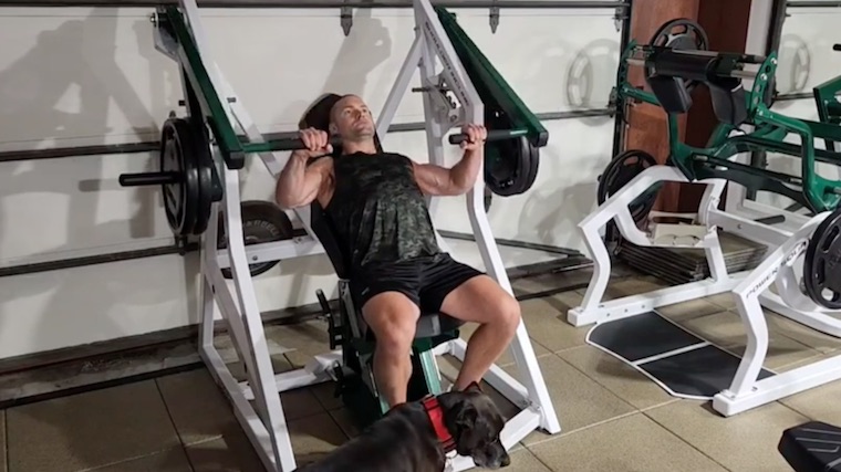 Muscular person in gym using chest press machine