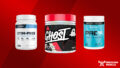 Transparent Labs, Ghost, and Swolverine stim-free pre-workouts on a red background