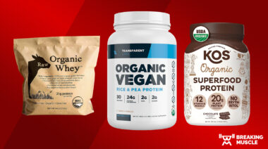 Raw Organic, Transparent Labs, and KOS Organic protein powders on a red background