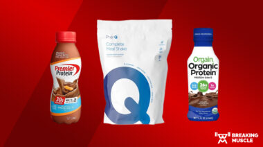 Bottles of Premier Protein and Orgain Organic Protein and a bag of PhenQ Complete Meal Shake on a red background