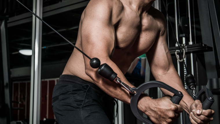 Muscular person in gym using cable chest machine