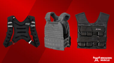 Three weight vests on a red background