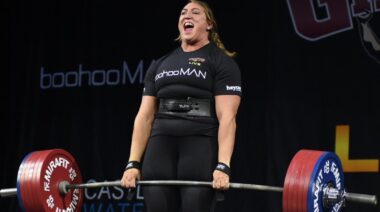 Strongwoman Lucy Underdown performing 700-pound deadlift in contest