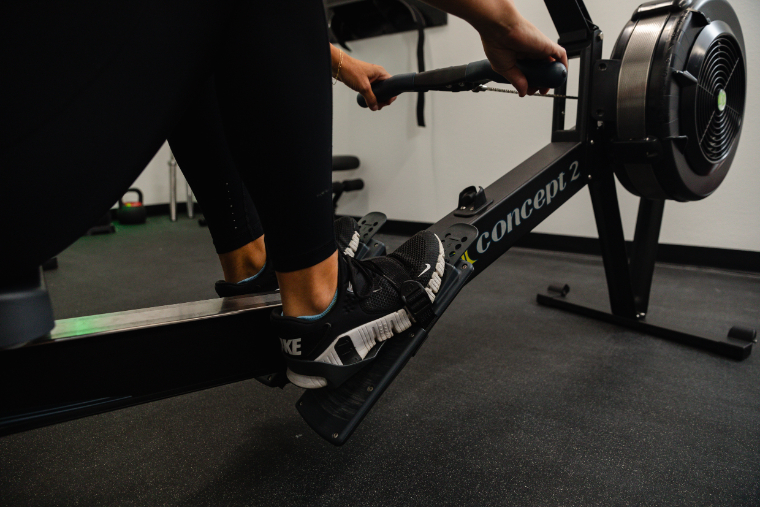 A close-up of the foot pedals on the Concept2 rower