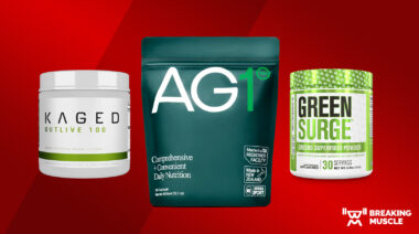 Kaged Outlive 100, AG1, and Jacked Factory Green Surge greens powders on a red background