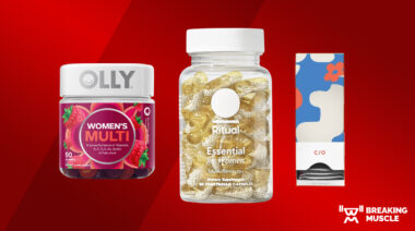 OLLY, Ritual, and Care/of women's multivitamins on a red background