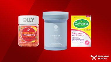 Pictures of the bottles of Olly Probiotic + Prebiotic, Ritual Synbiotic+, and Culturelle Probiotics on a red background
