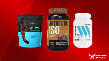 Pictures of the Legion Whey+, Jacked Factory Authentic ISO, and Swolverine Whey Protein Isolate containers on a red background