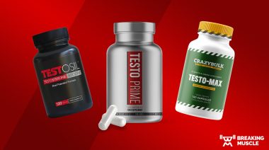 Pictures of bottles of Testosil, TestoPrime, and CrazyBulk Testo-Max on a red background