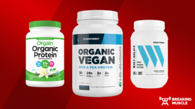 Orgain, Transparent Labs, and Swolverine plant-based protein powders on a red background