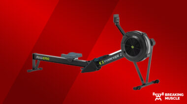 A picture of the Concept2 rower on a red background
