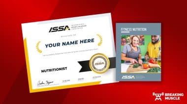 A screenshot of the ISSA Nutritionist certificate and the ISSA Fitness Nutrition book cover on a red background