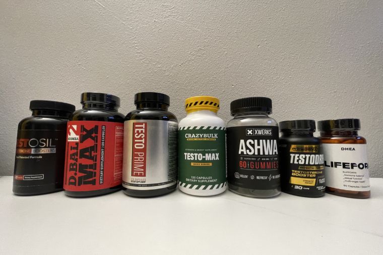 Bottles of testosterone boosters lined up