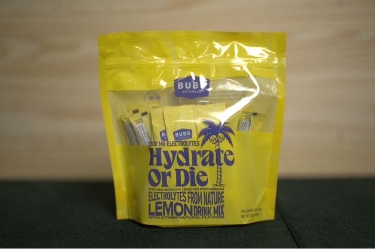 A package of lemon-flavored BUBS Hydrate or Die packets