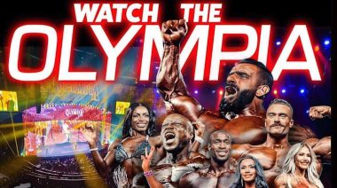 Poster of how to watch the 2023 Olympia show featuring various athletes.