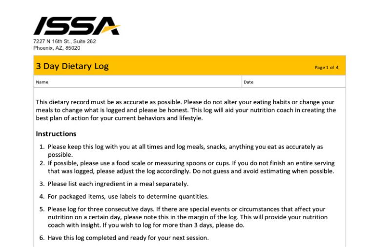 A screenshot of ISSA's dietary logs for clients