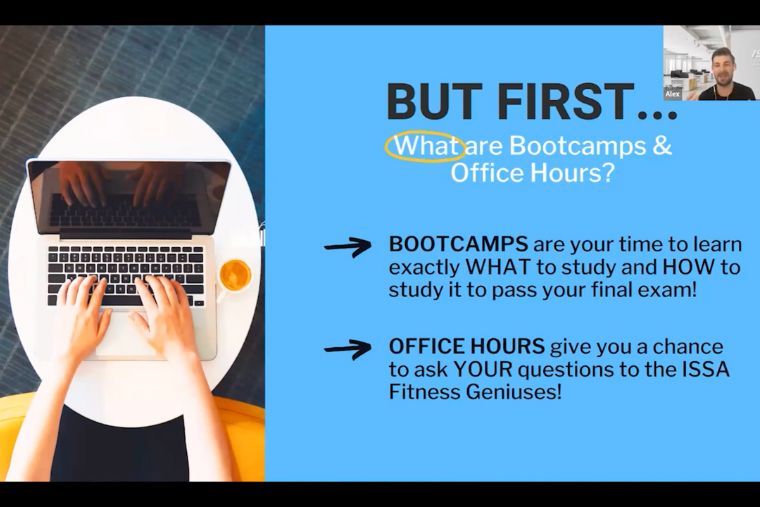 A slide showing a summary of what's included in ISSA's Nutrition Bootcamps and live office hours