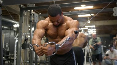 Bodybuilder Larry Wheels performing cable flyes during a workout.