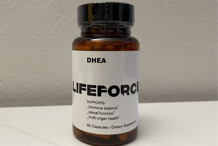 A close-up of the bottle of Lifeforce DHEA