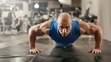 Man performing a push-up in the gym.