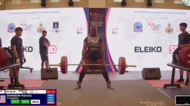 American powerlifter Patricia Johnson deadlifts 255 kilograms at the 2023 IPF World Masters Championships.