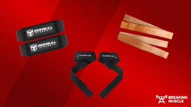 Iron Bull Strength lifting straps, Element 26 lifting straps, and Rogue Leather Lifting Straps on a red background